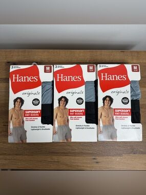 NWT 3 Hanes Supersoft Stretchy Tagless Knit Boxers Black Gray Plum Mens Medium